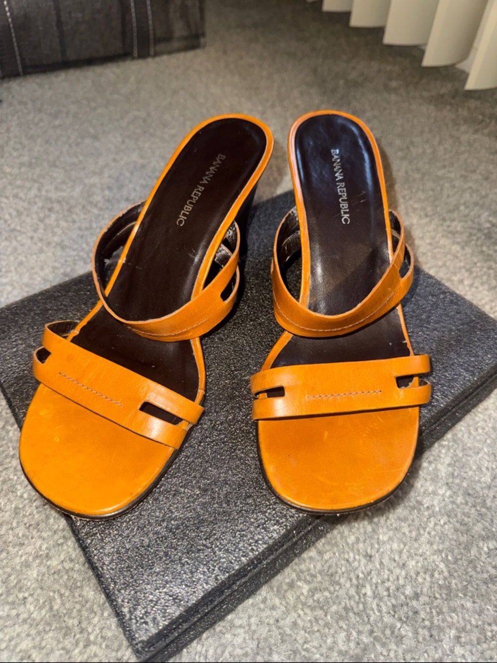 Banana Republic Orange Leather Double-Strap Slide Mules